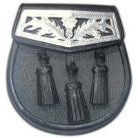 Sporran Black leather Thistle design head on flap snap closure